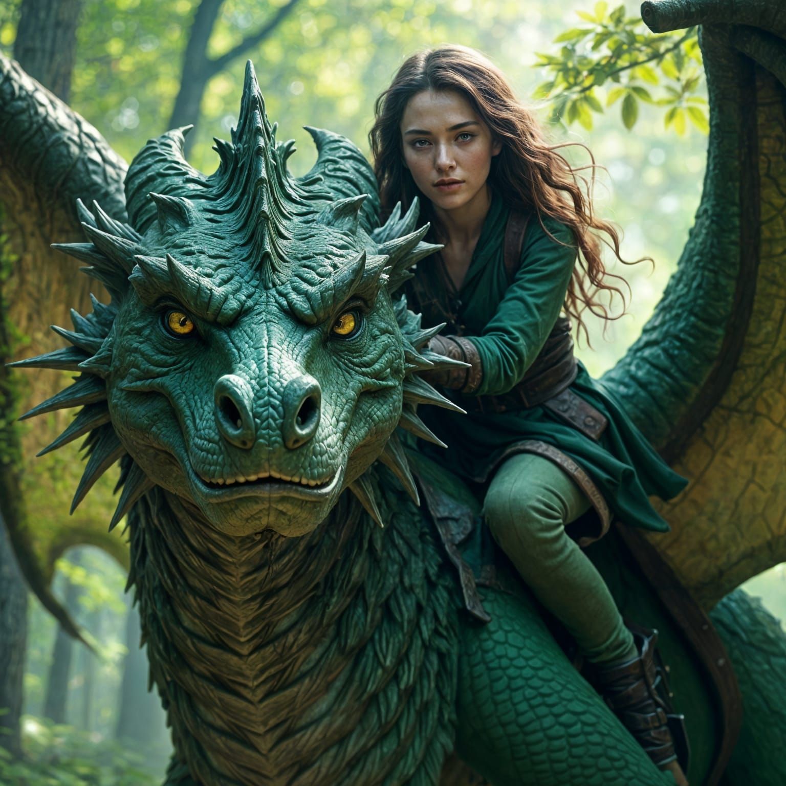 Forest Green Dragon Protecting its Rider