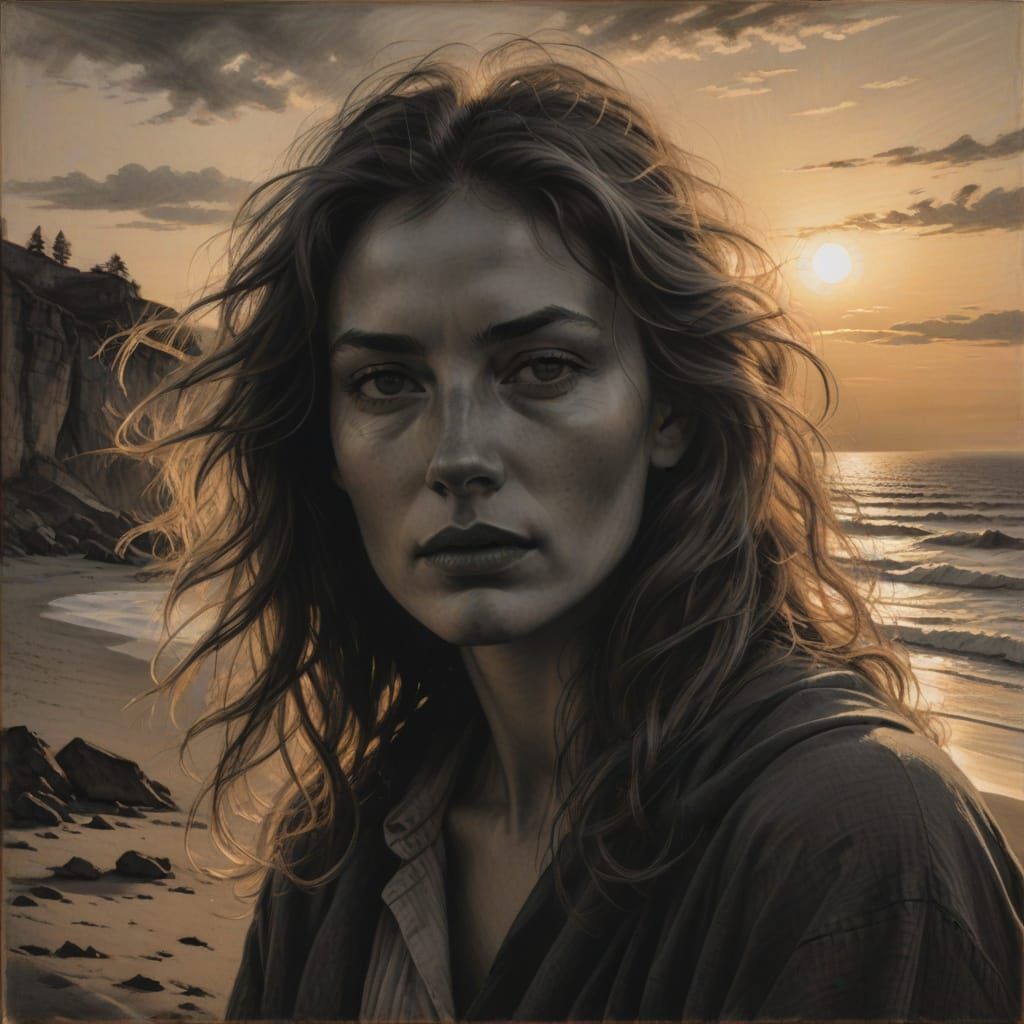 Ethereal Young Woman Contemplates on the Beach in Charcoal D...