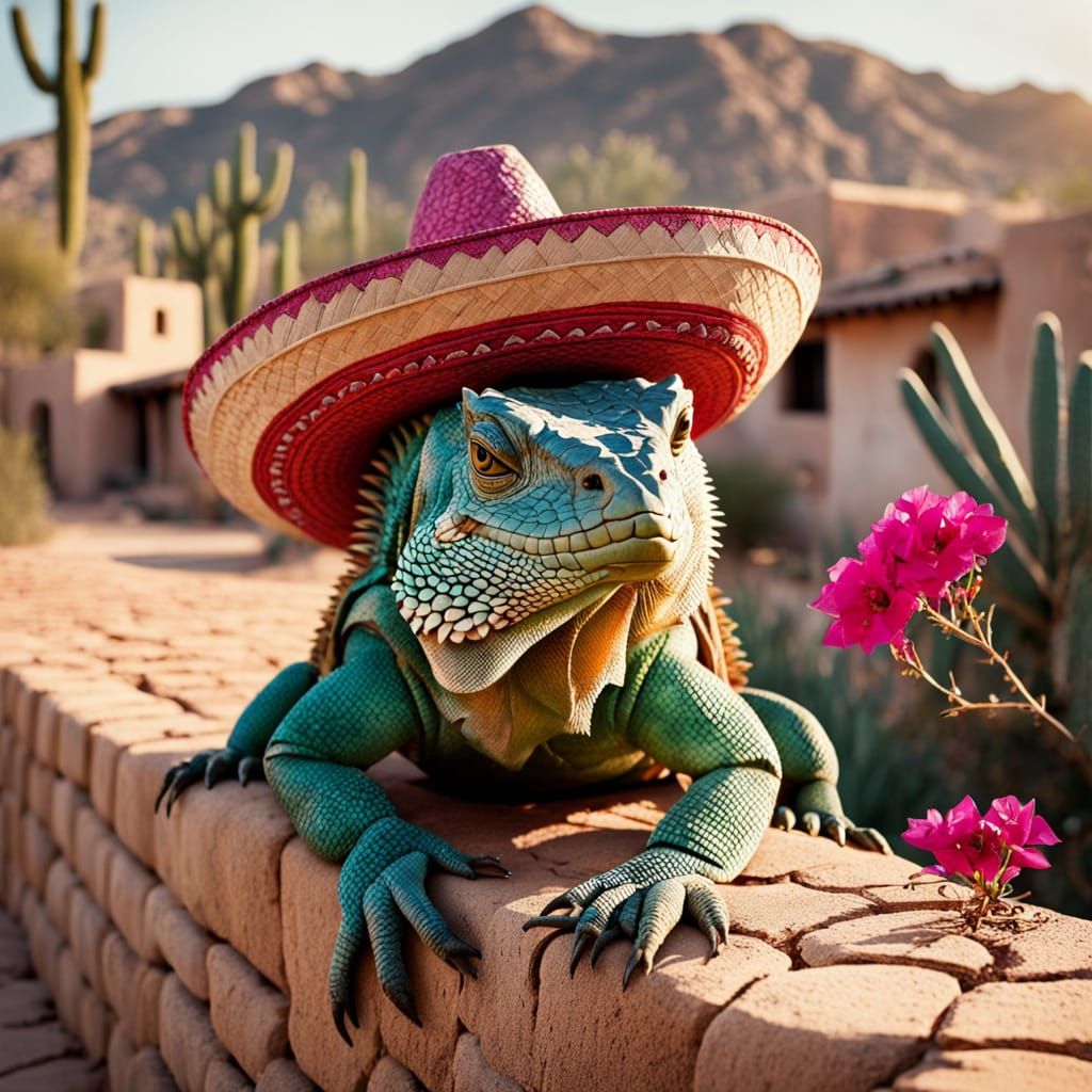 Iguana in Sombrero: Cinematic Mexican Village Scene