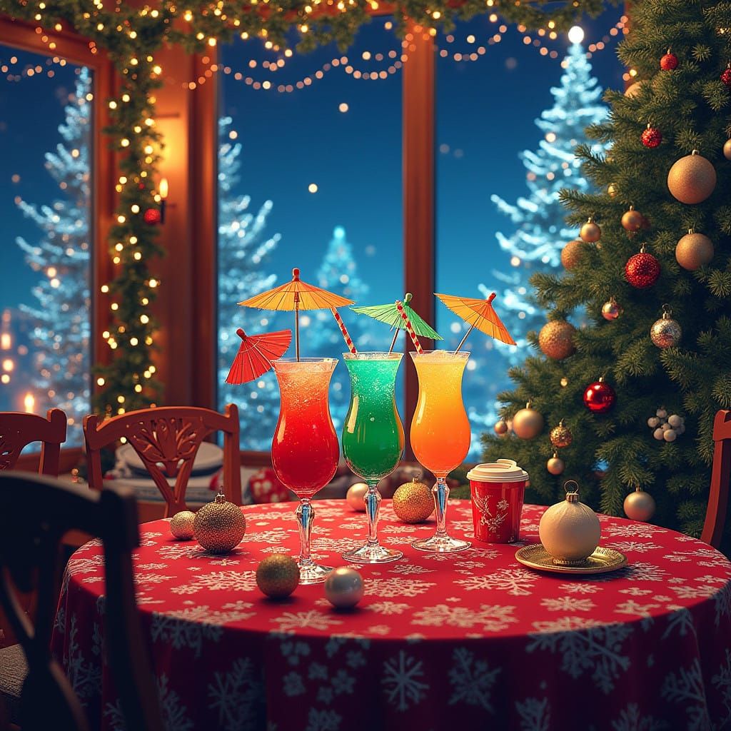 Vibrant Christmas Scene with Colorful Cocktails and Decorati...