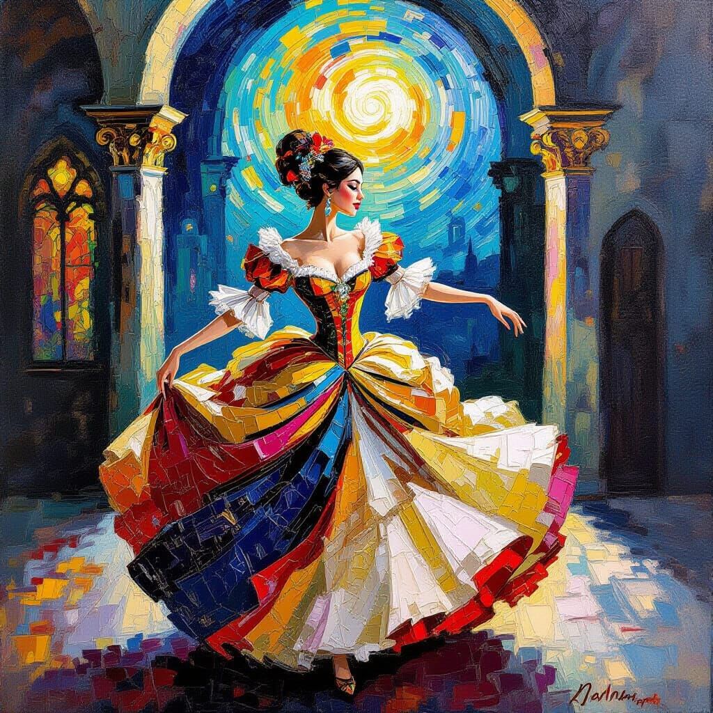 Alien Woman Dances in Baroque Gown in Castle Oil Painting