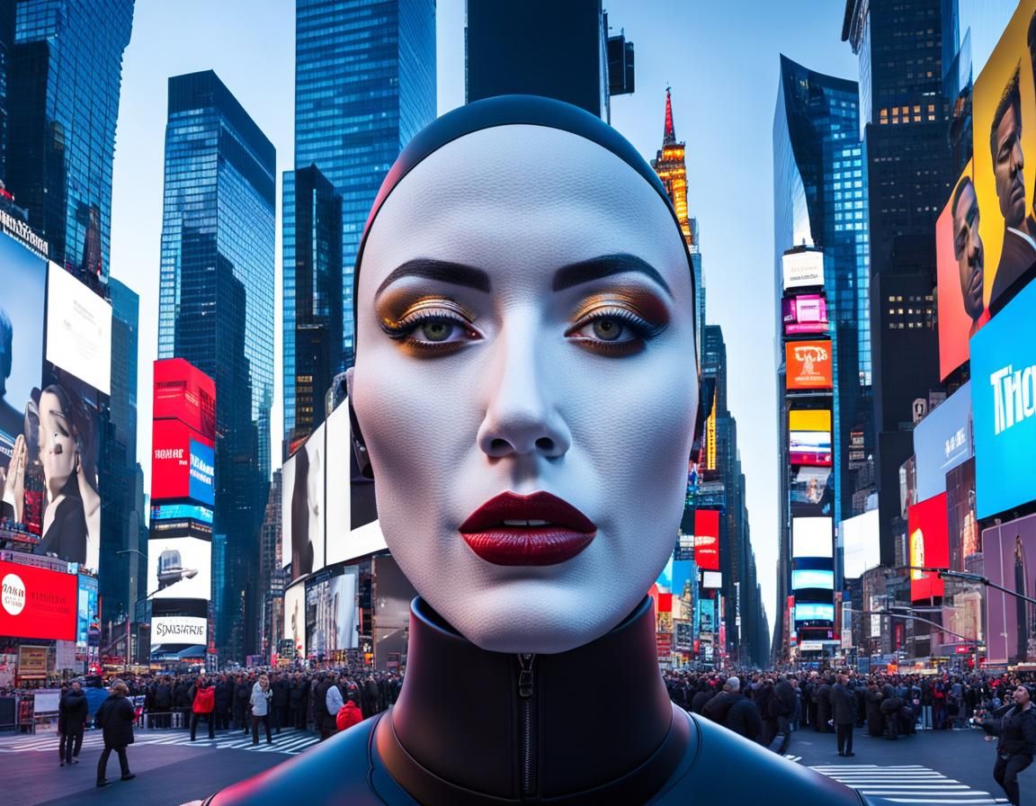 Surreal Fusion of Face and Times Square Architecture