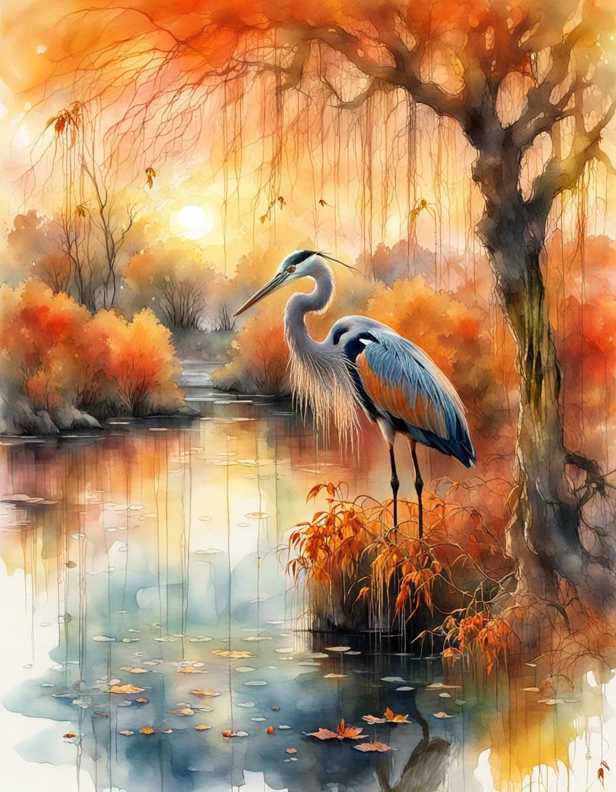 Golden Autumn Sunrise Landscape with Heron, Watercolor Art