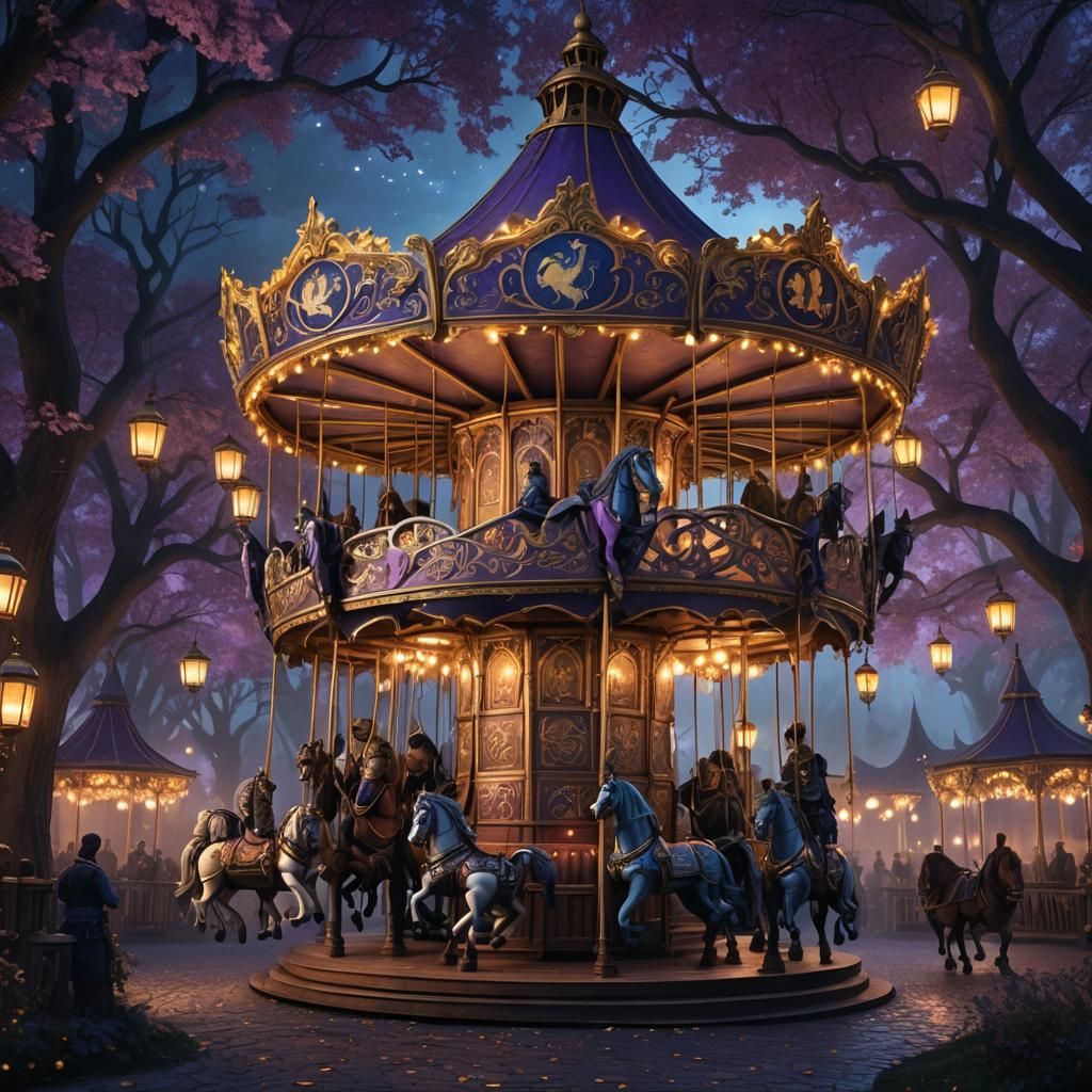 Majestic Medieval Carrousel at Night: Fantasy Art