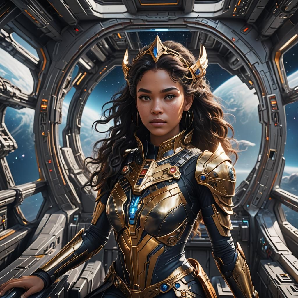 Space Princess on Starship in Detailed Matte Painting