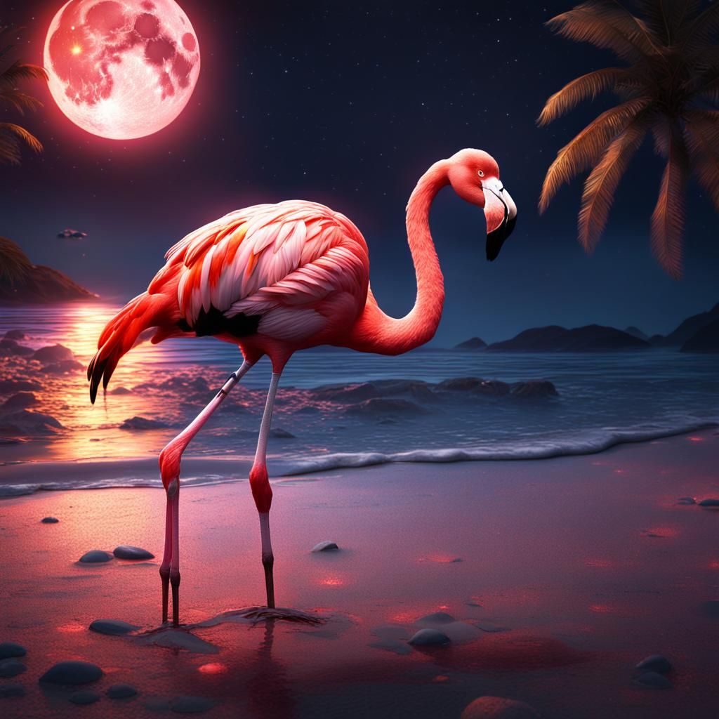 Flamingo on Beach Under a Flaming Moon
