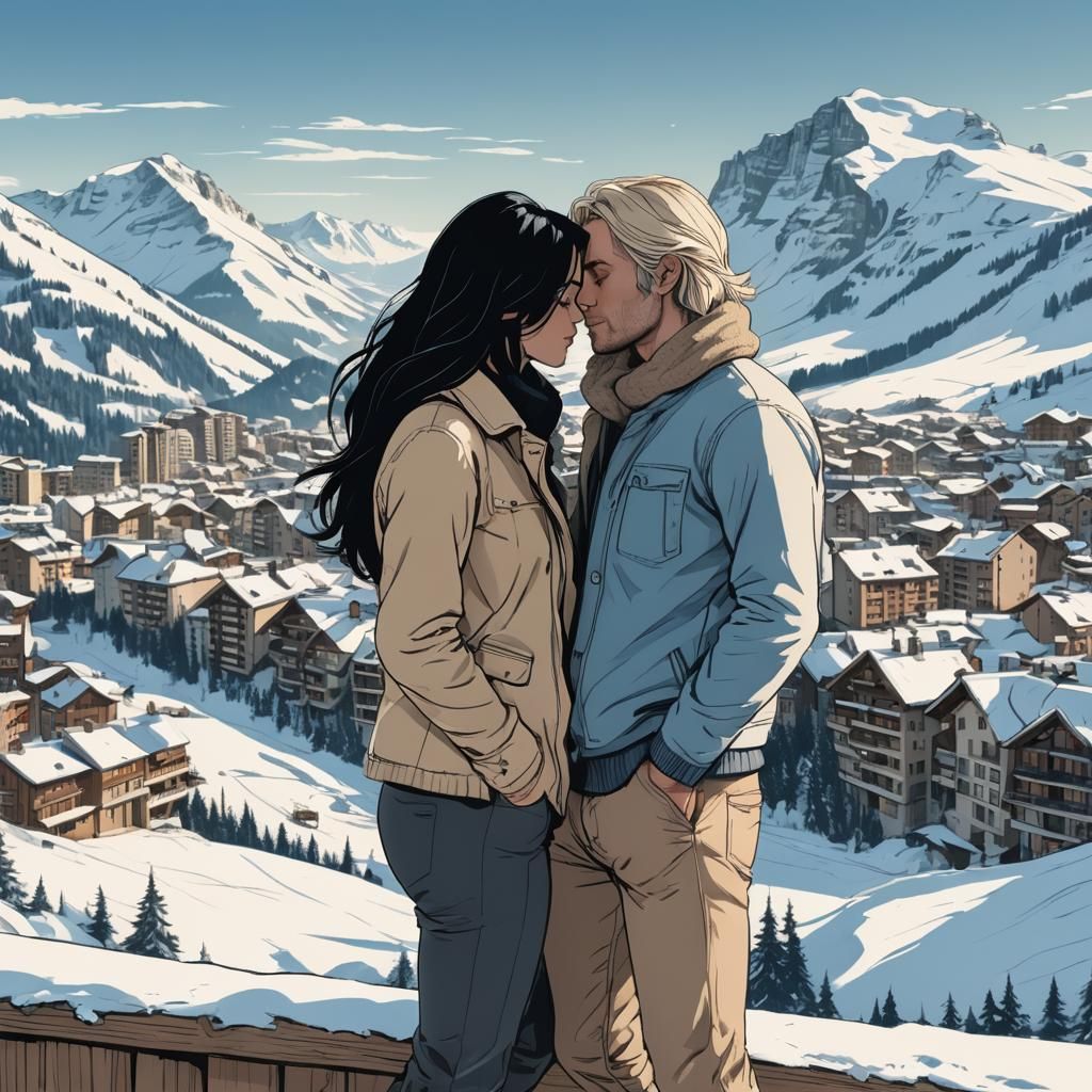 Couple's Romantic Embrace in Avoriaz, Animé Style