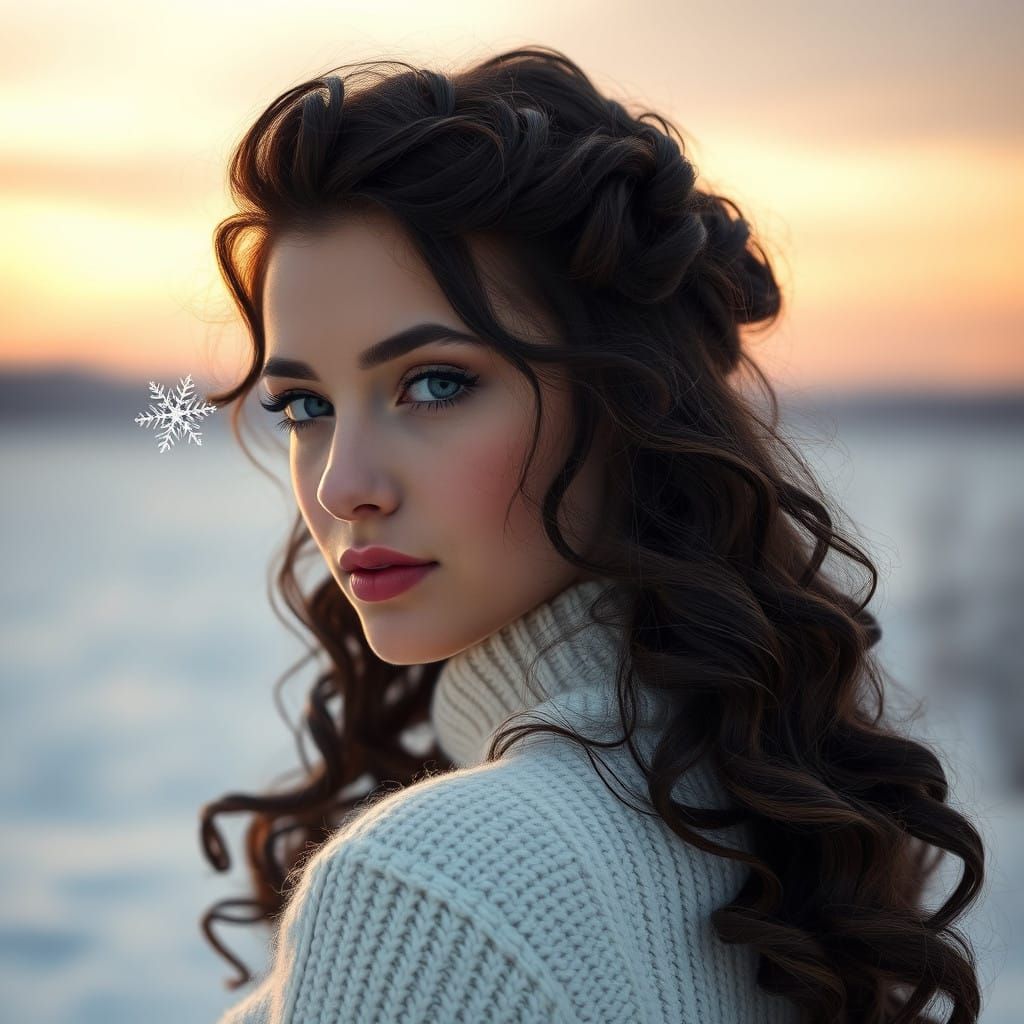 A Cozy Winter Scene with a Woman in a Snowy Landscape