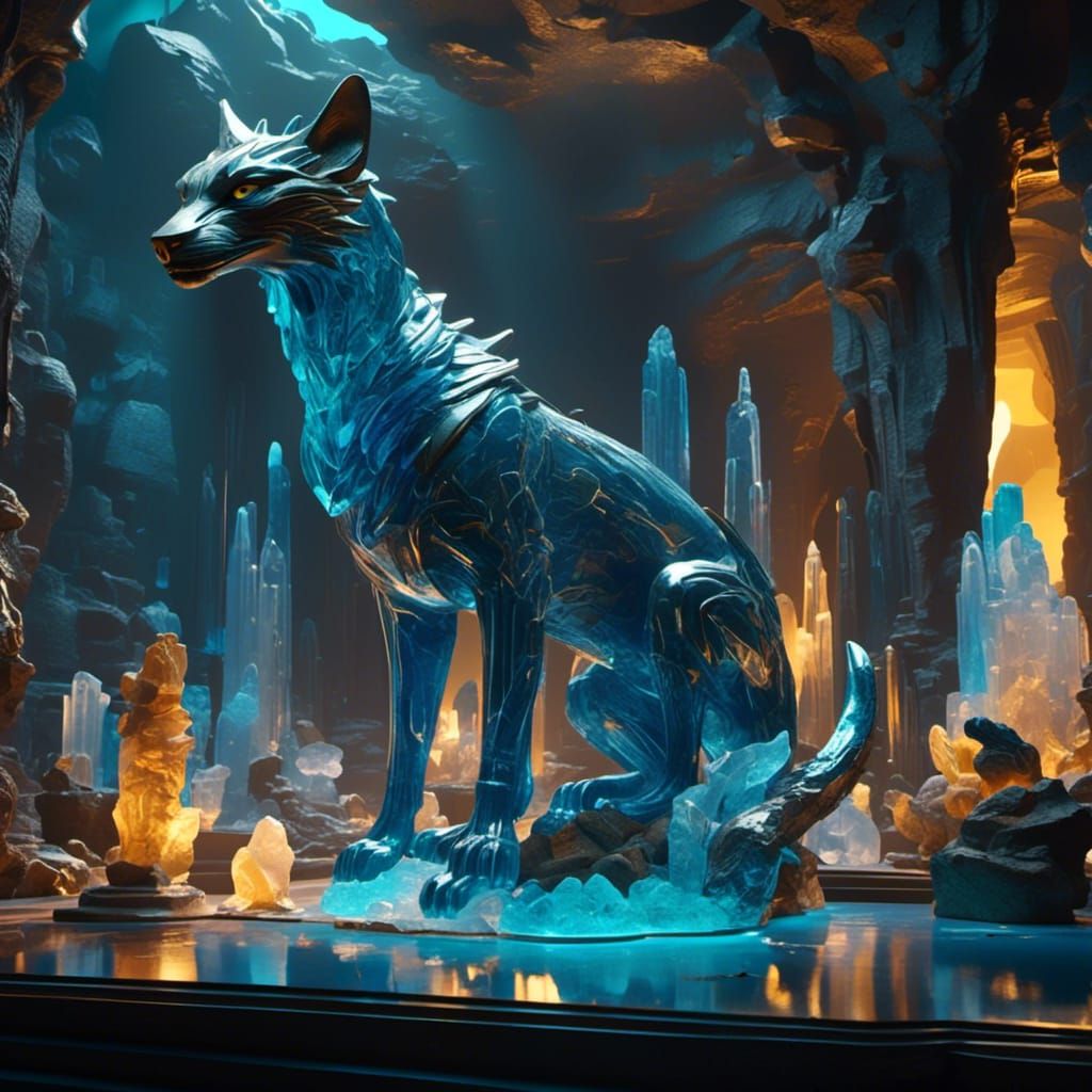 Crystal Cave with Dragon and Wolf Statues in Cyberpunk Style