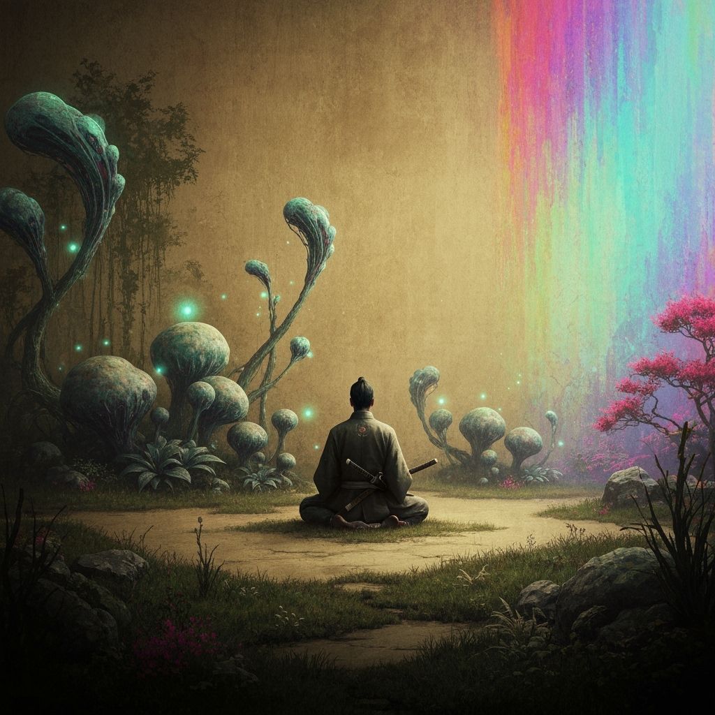 Samurai Meditating in Alien Garden, Ink Wash & Surrealism