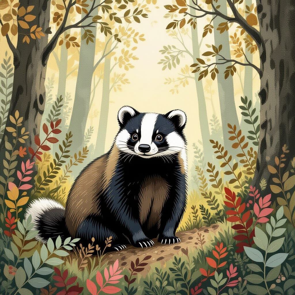 Whimsical Badger in Forest with Intricate Textures