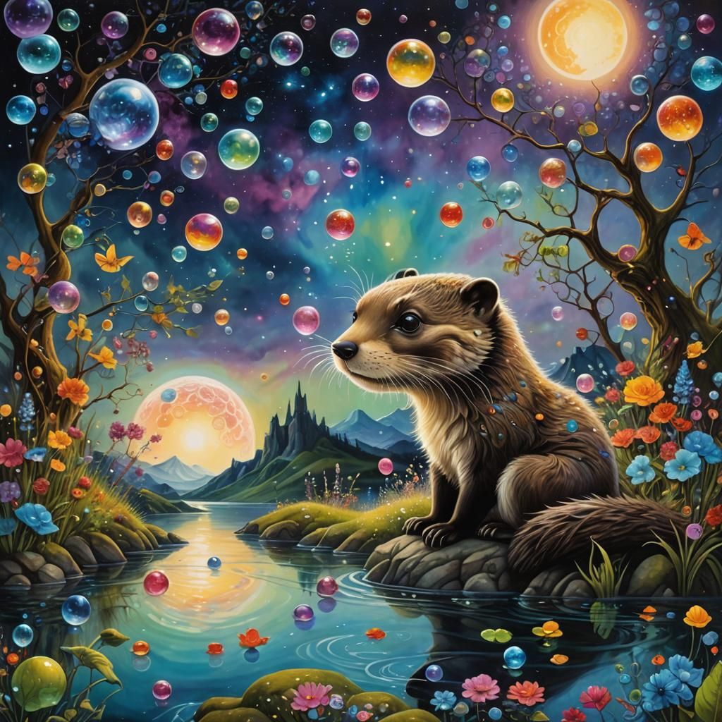 Dreamy Otter with Bubbles in Surreal Landscape