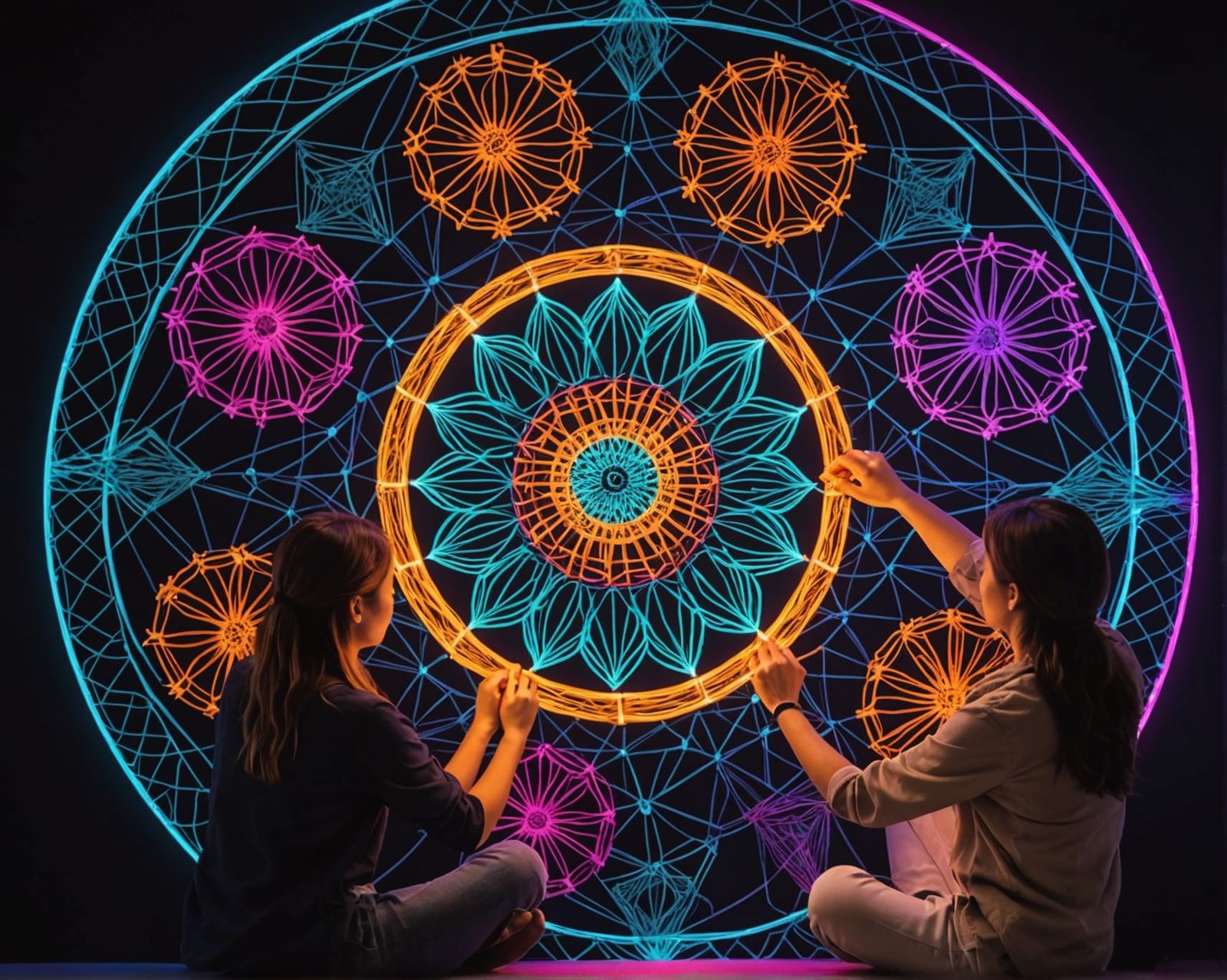 Neon String Art Mandala with Geometric Patterns