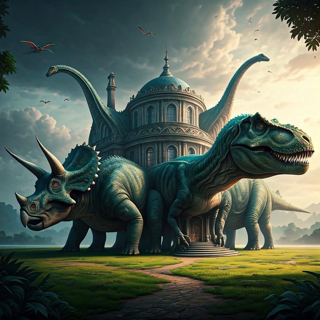 Majestic Dinosaur House in a Surreal Landscape