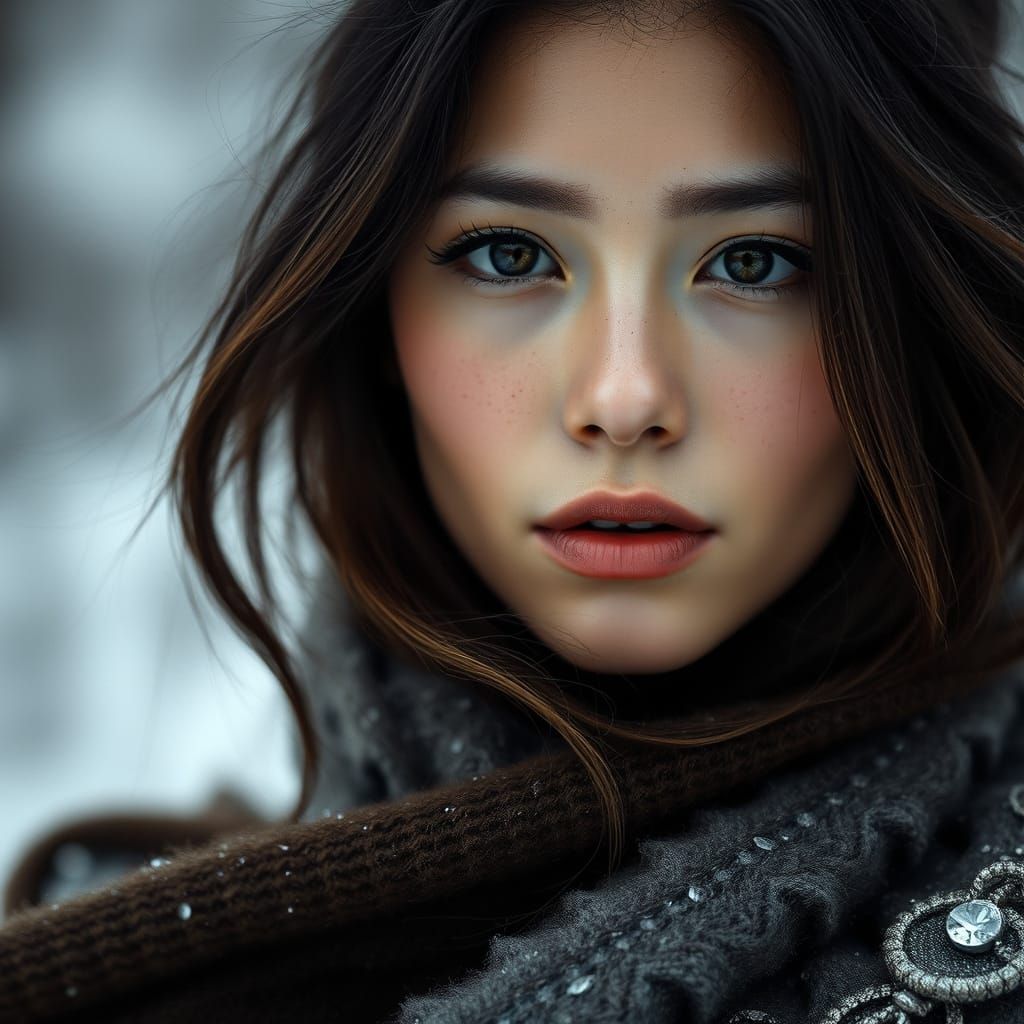 Ethereal Winter Goddess in Soft, Silvery Light