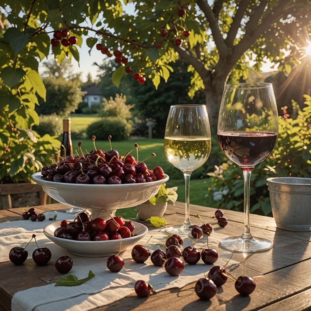 Cherries and Wine in Golden Sunset Light