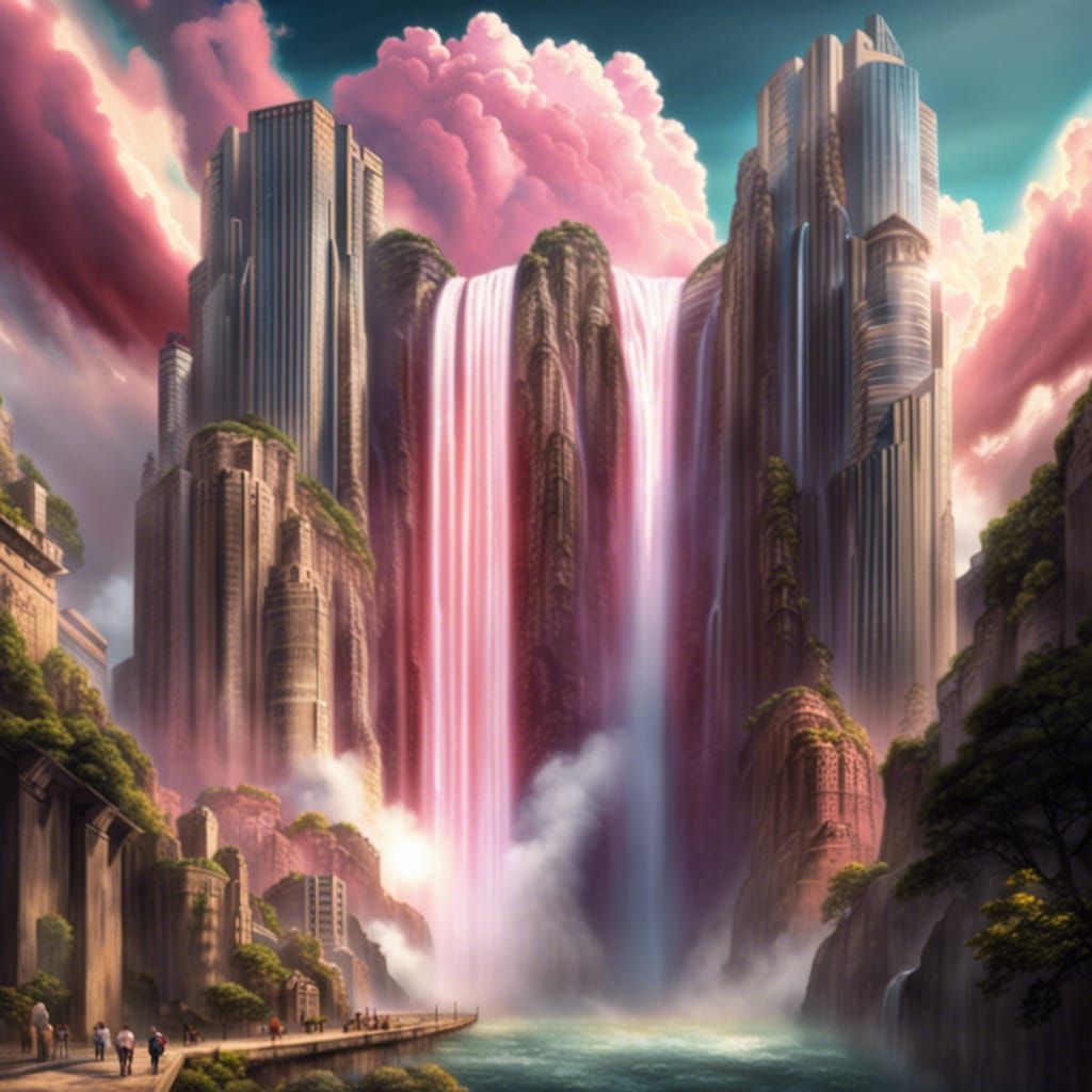 Futuristic Waterfall City with Pink Clouds