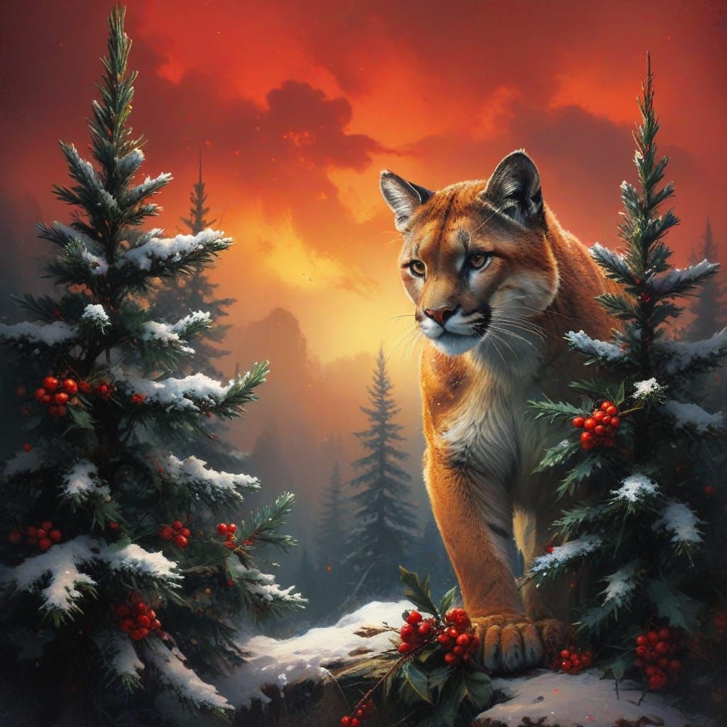 Majestic Cougar Amidst Vibrant Winter Wonderland