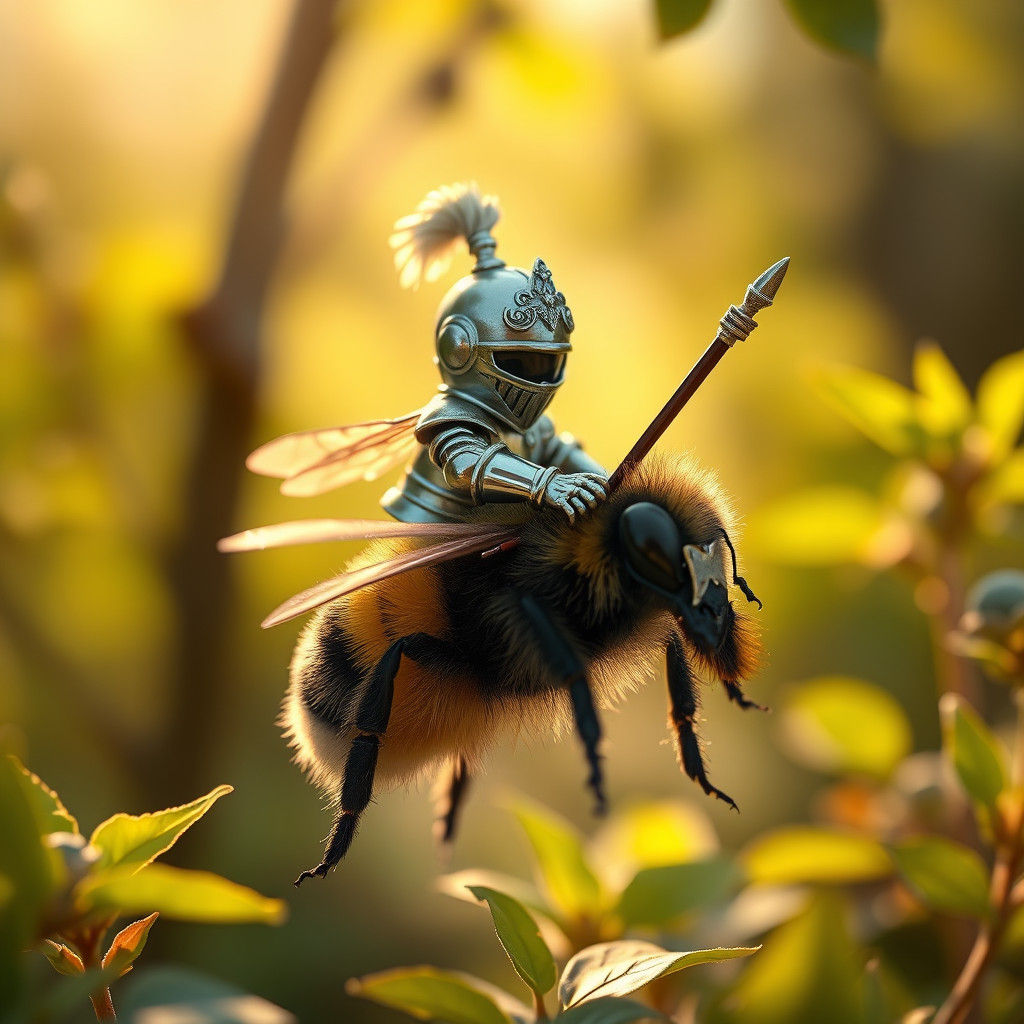 Miniature Knight Rides Bumblebee in Forest: Hyper-Realistic ...