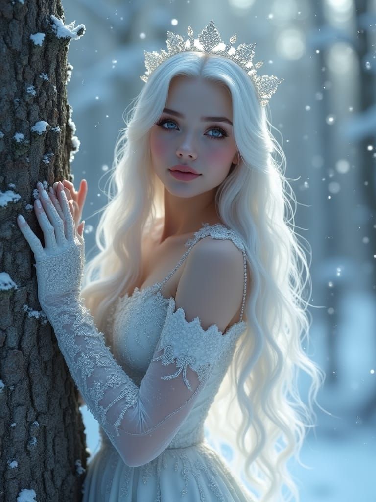 Ethereal Winter Queen in Shimmering Velvet and Icy Majesty