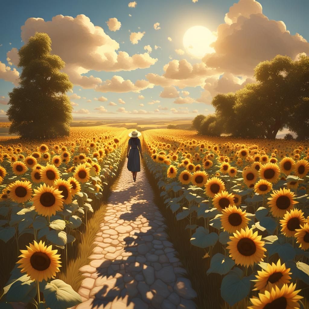 Sunflower Path with Woman, 3D Rendered Scene