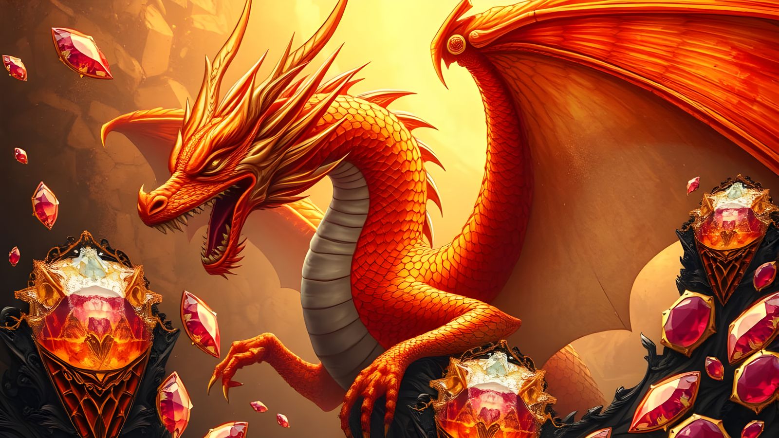 Luxurious Golden-Red Dragon in Opulent Treasure