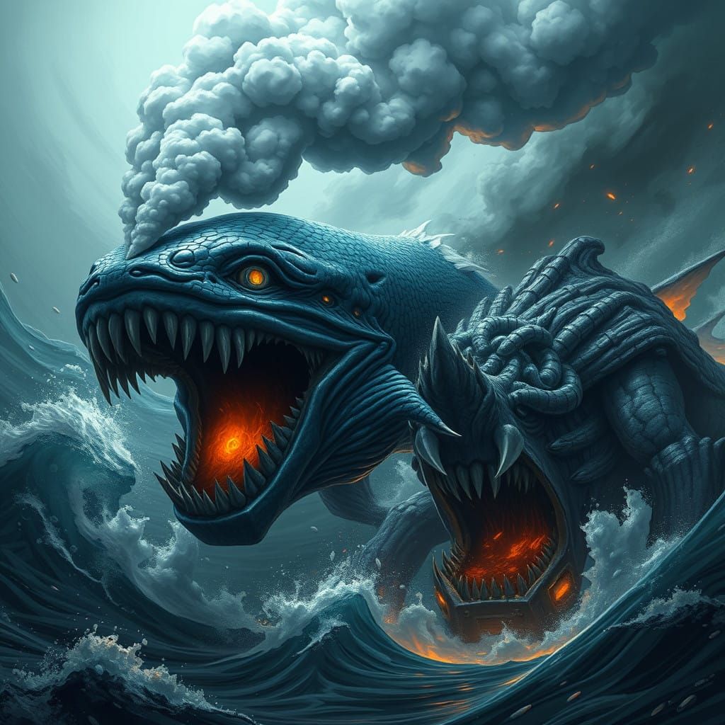Mystical Aquatic Battle Between Behemoth and Leviathan