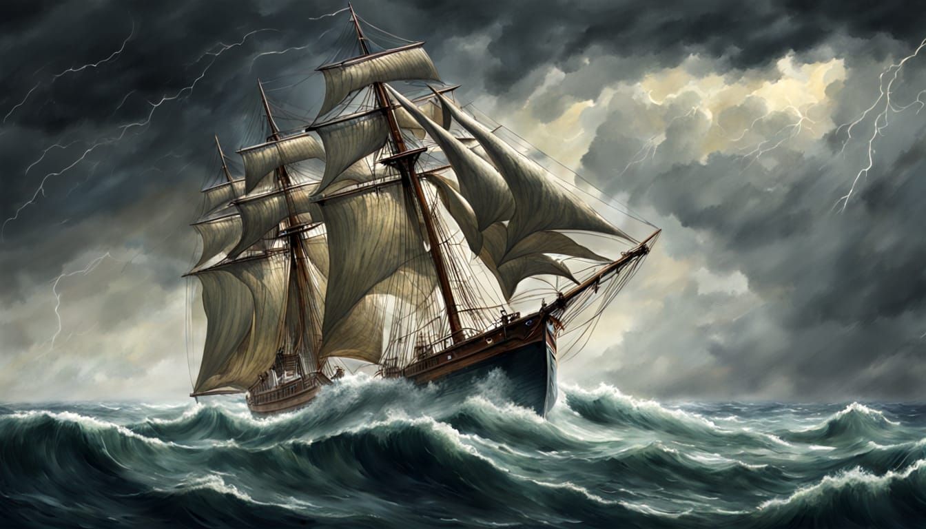 Old Sailboat Navigating a Stormy Sea