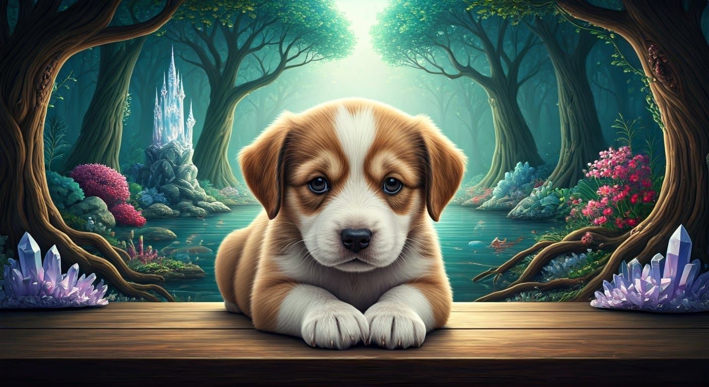 Hyperrealistic Puppy Portrait in Enchanted Crystal Forest