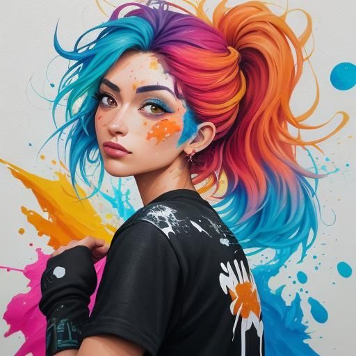 Woman in Red Dress, Moonlit Sky, as Graffiti Art