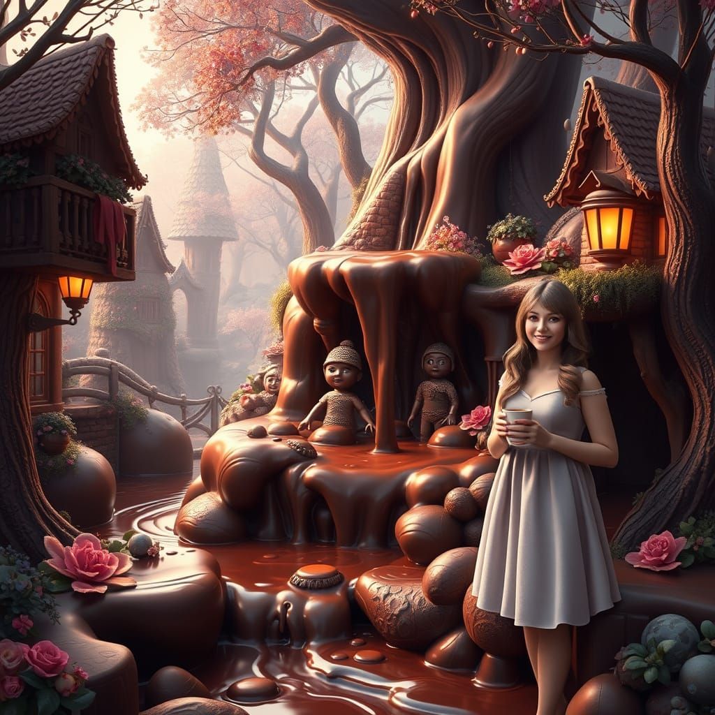 Chocolate River Flows in Dreamlike Chocolate Forest