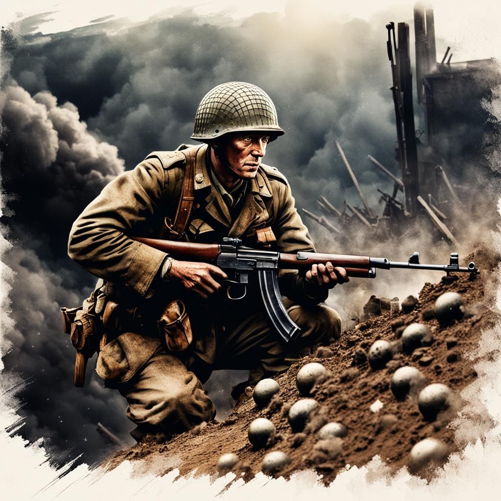 WWII Soldier in Trench: Wes Anderson Action Painting