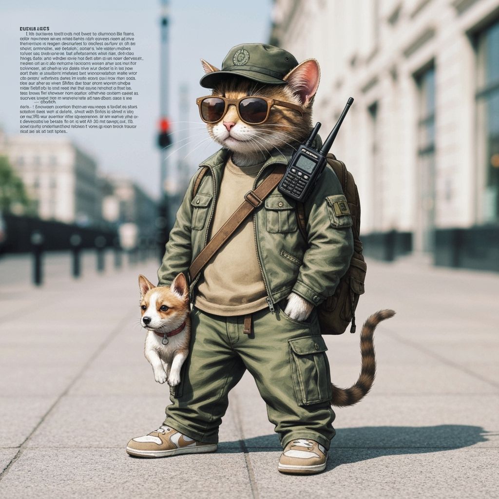 Anthropomorphic Cat as Y2K Dog Handler in Urban Style