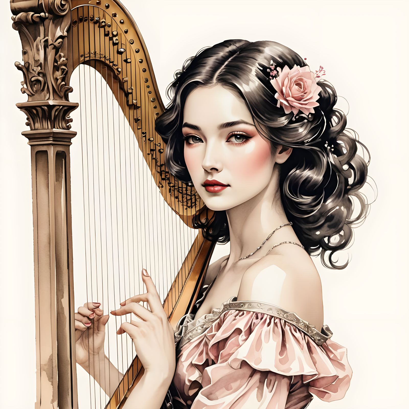 Futuristic Harpist in Victorian Sumi-e Style