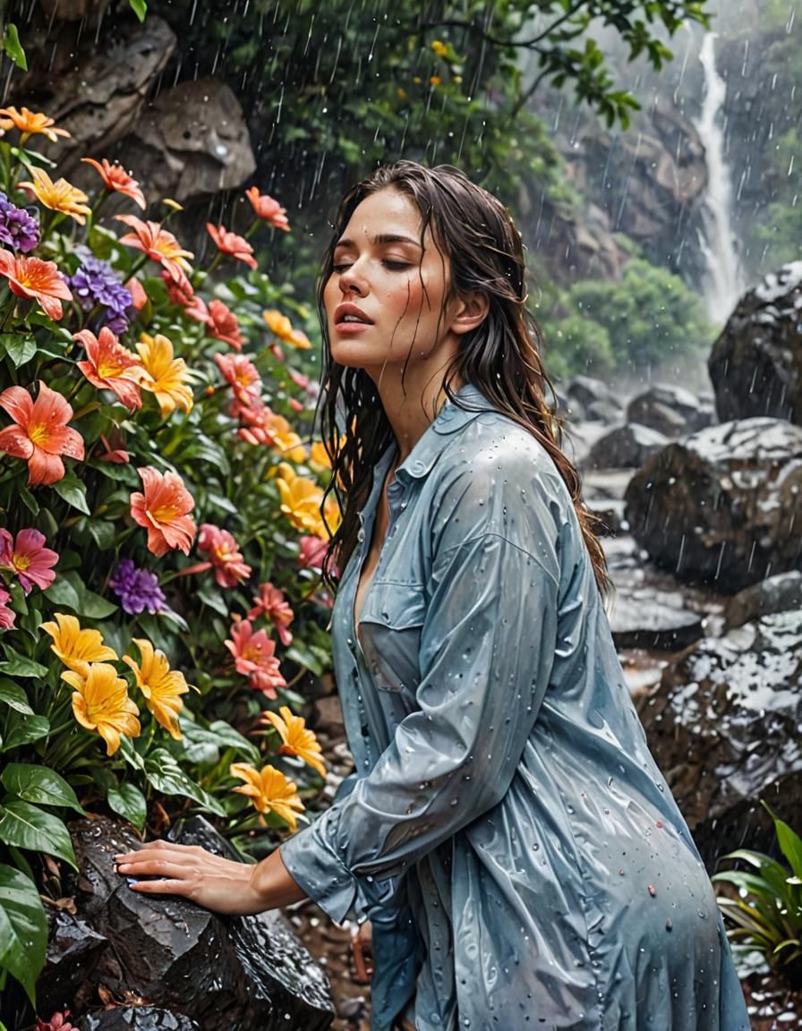 Woman in Flower Rainstorm: Hyperrealistic Watercolor