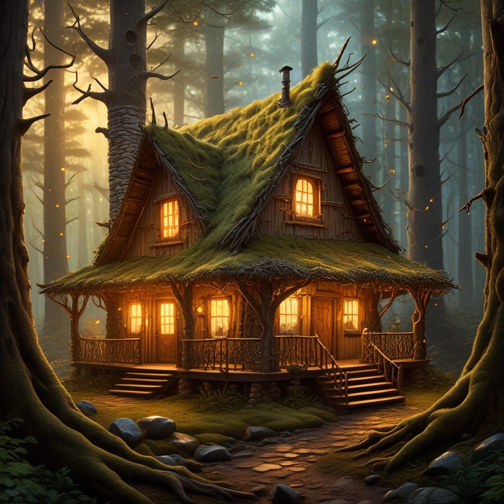 Whimsical Forest Cabin in Oil Painting Style