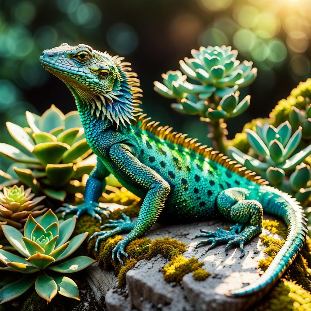 Emerald Lizard Basking in Sunlight: Hyperrealistic Digital A...