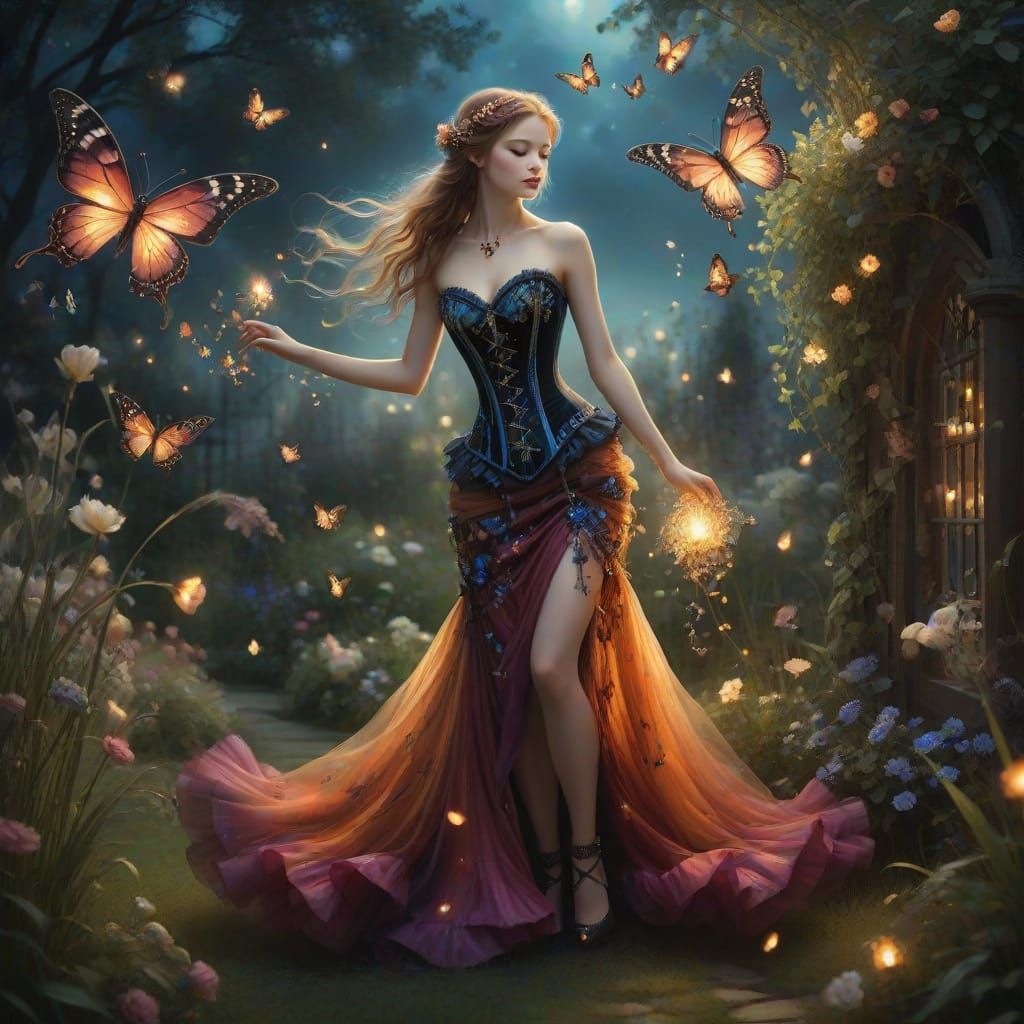 Fairy with Living Flames Dancing in Moonlit Garden