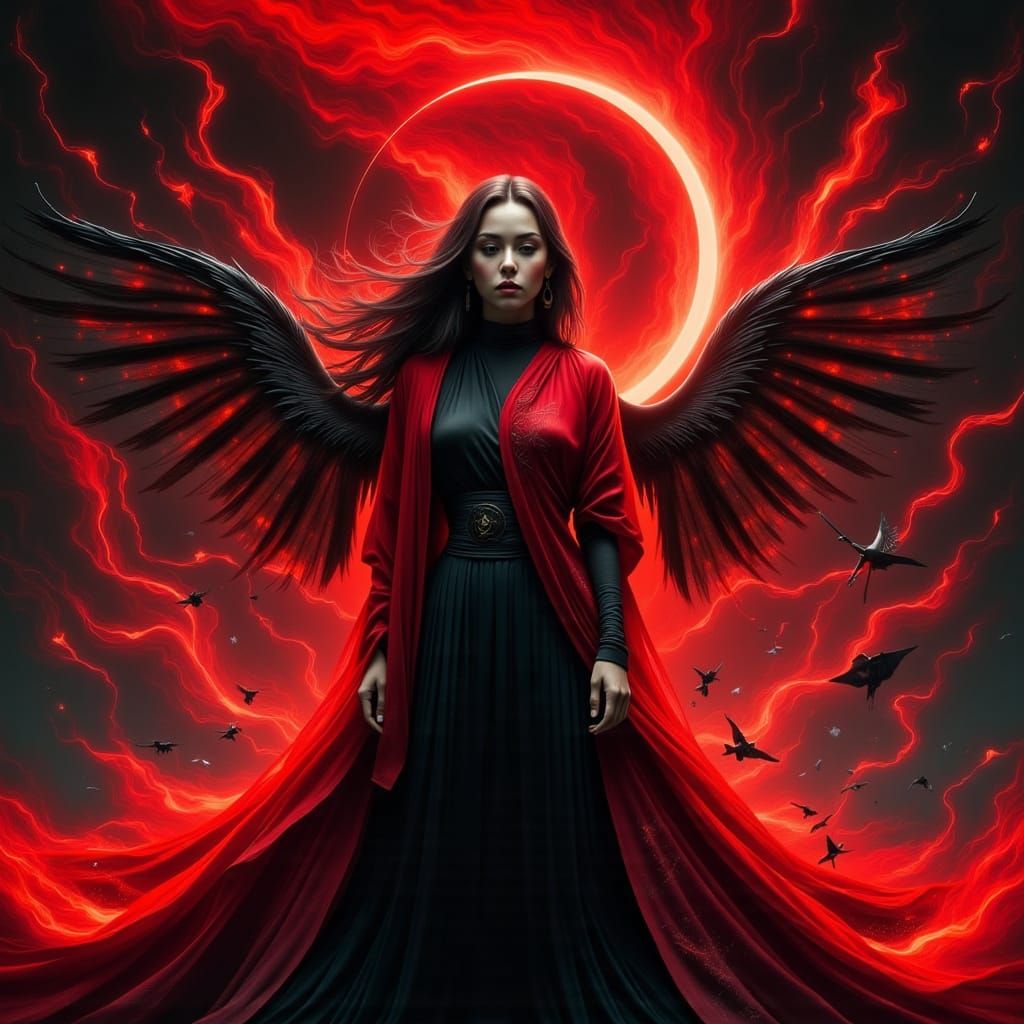 Red and Black Sorcerer in Hyperreal Style