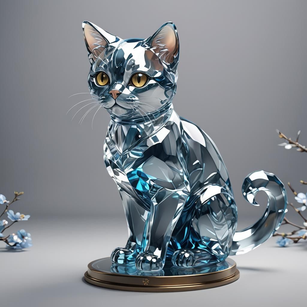 Detailed 3D Anime Art Glass Cat Statue
