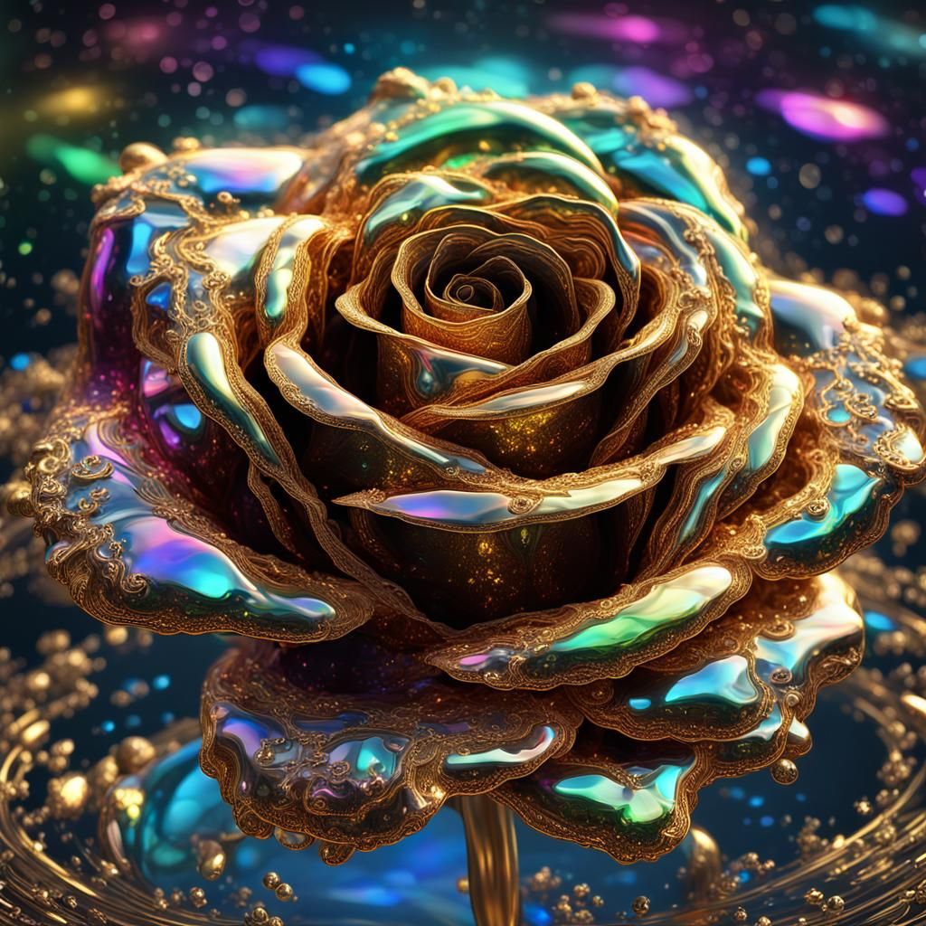 Iridescent Crystal Rose in Liquid Gold, Digital Art