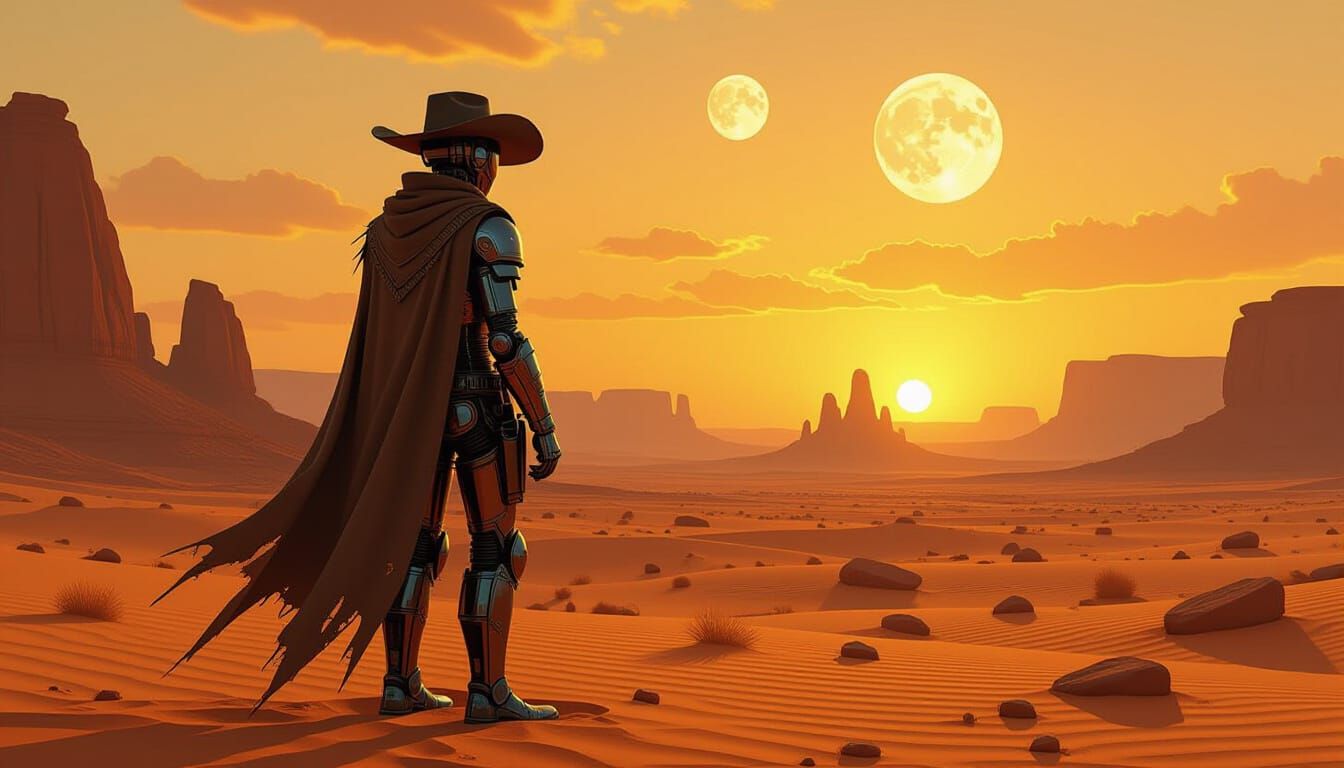 Cowboy Automaton in Alien Desert: Moebius Style