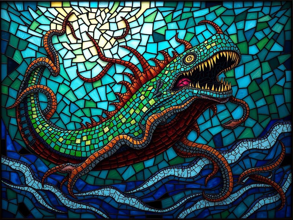 Eldritch Sea Monster Rises from the Depths in Vibrant Mosaic