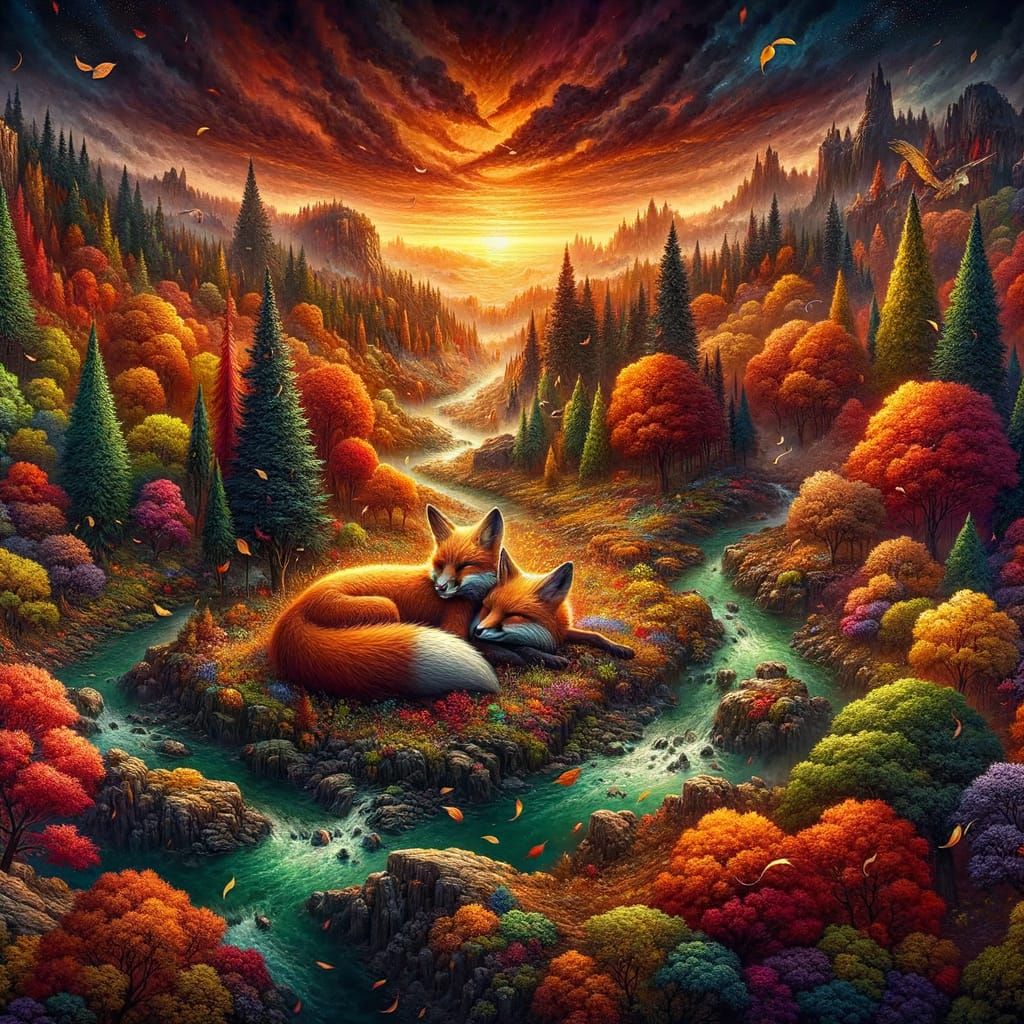 Foxes Cuddling in Autumn Forest: Fantasy Watercolor Painting
