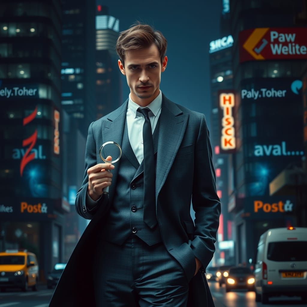 Modern Sherlock Holmes in Cyberpunk Cityscape