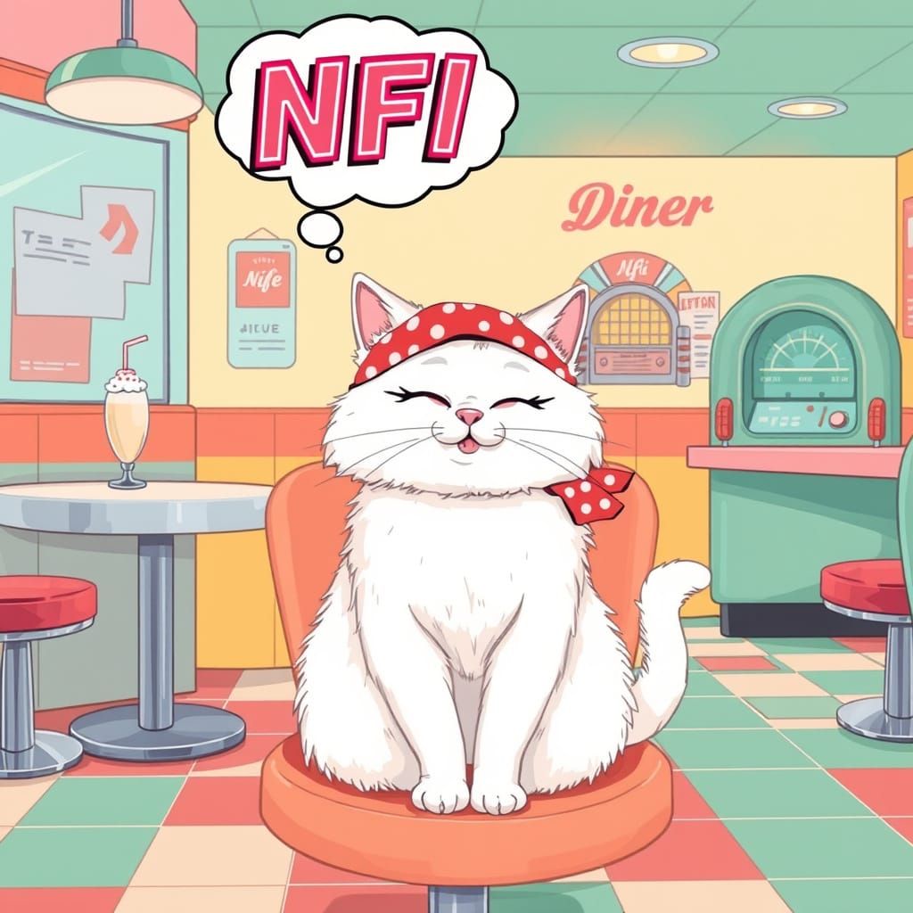 Whimsical Cat Sits Confidently in Mid-Century Diner
