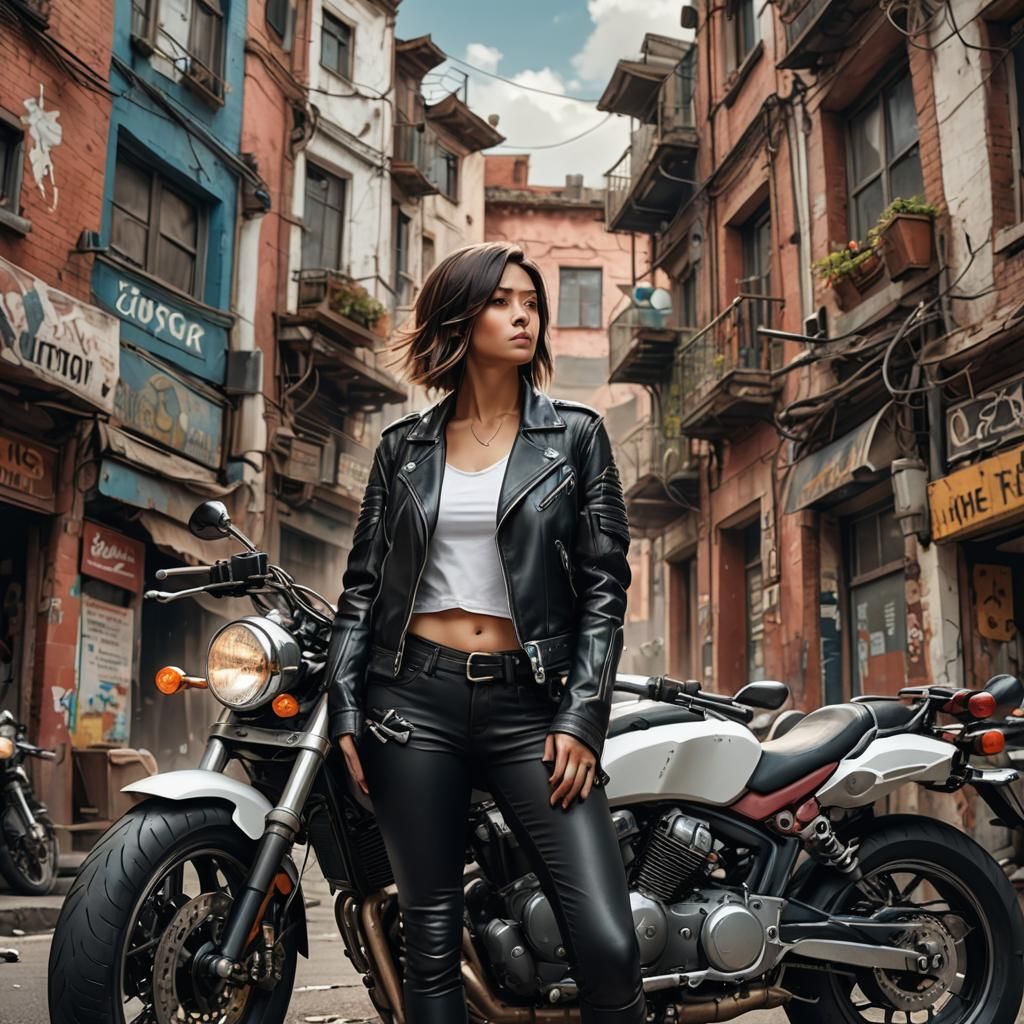 Victorious Motorcyclist in Moody Cityscape Fantasy Art