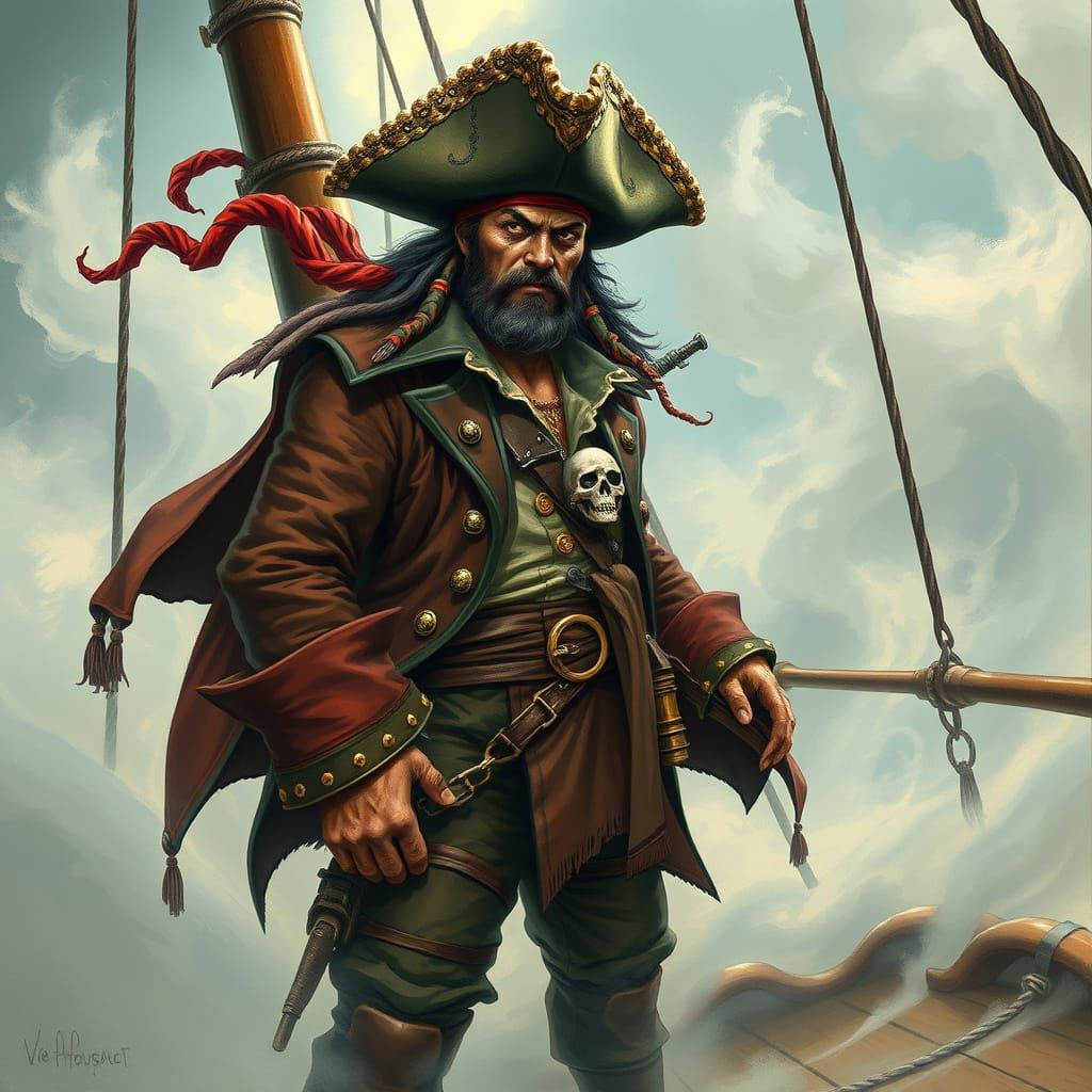 Flamboyant Pirate Captain on Ghostly Ship, Expressive Art