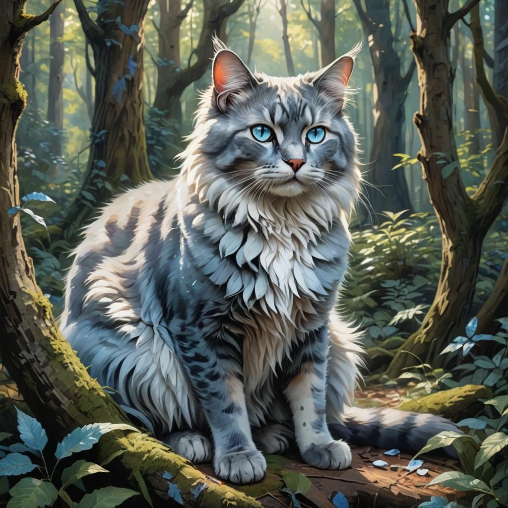 Mystical Forest Cat in Detailed Fantasy Oil Painting