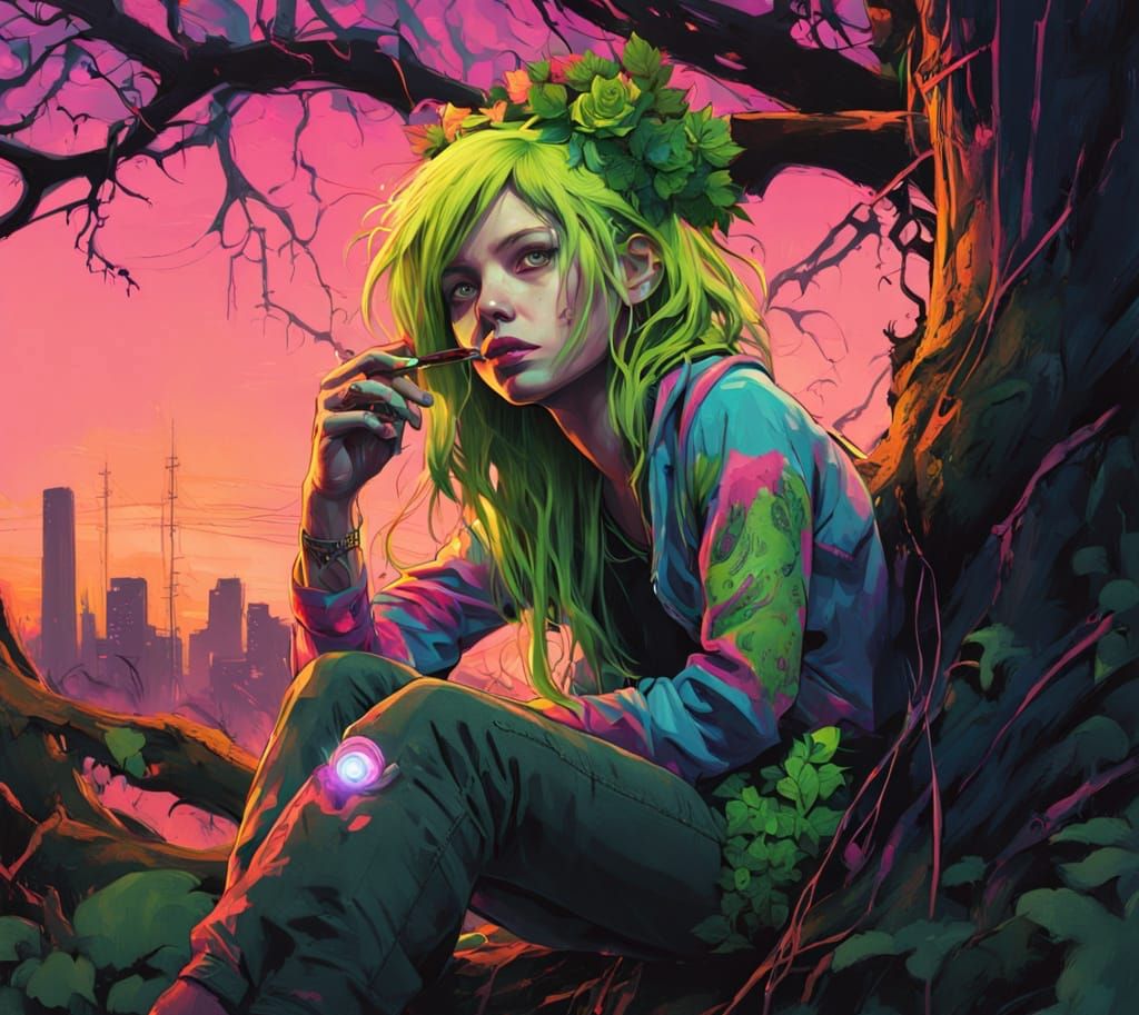Vibrant Dryad Goddess in Cyberpunk Splendor